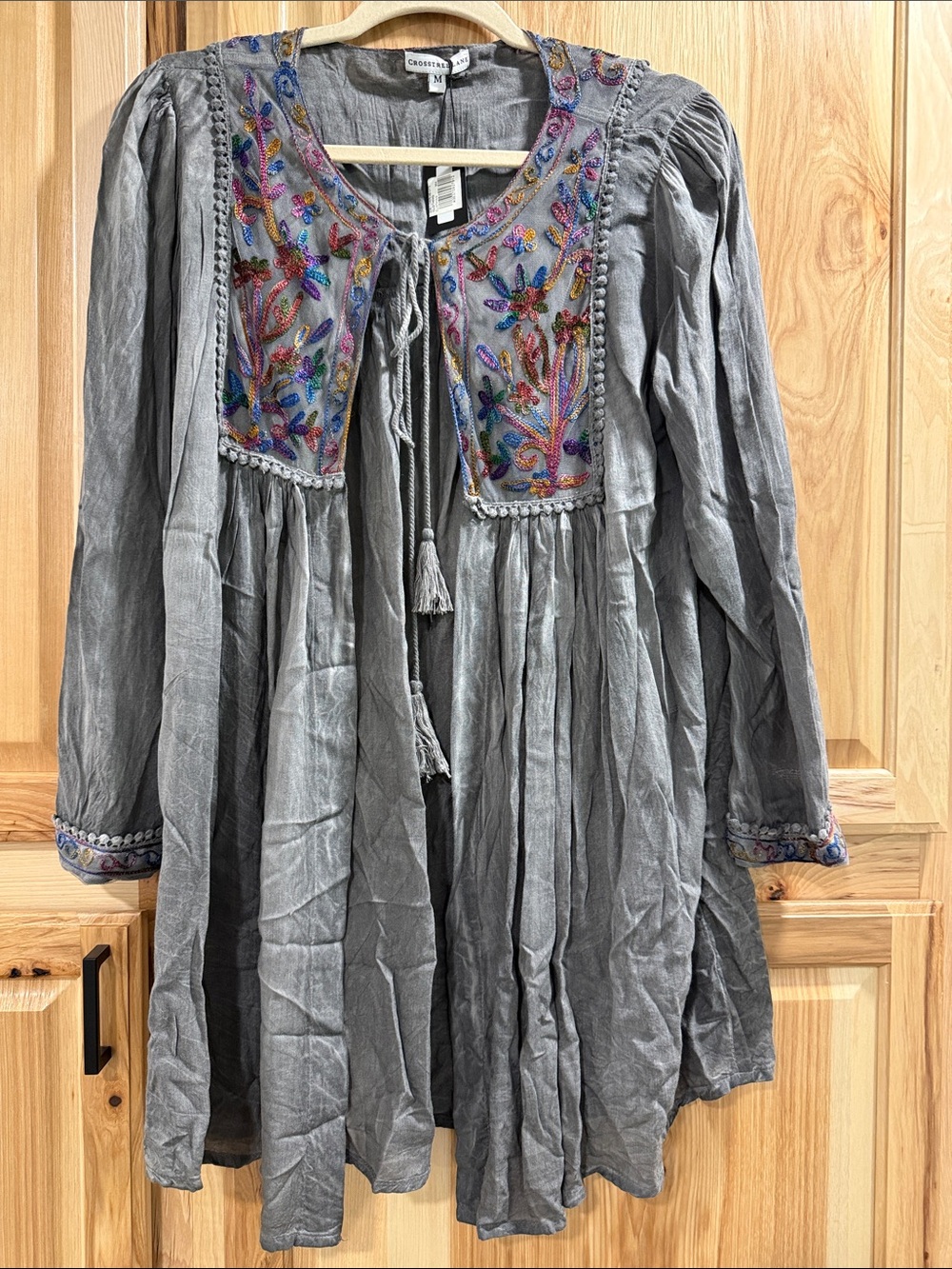 Crosstree Lane Size M Boho Embroidered Open Tie-Front Tunic Cardigan Slate Gray